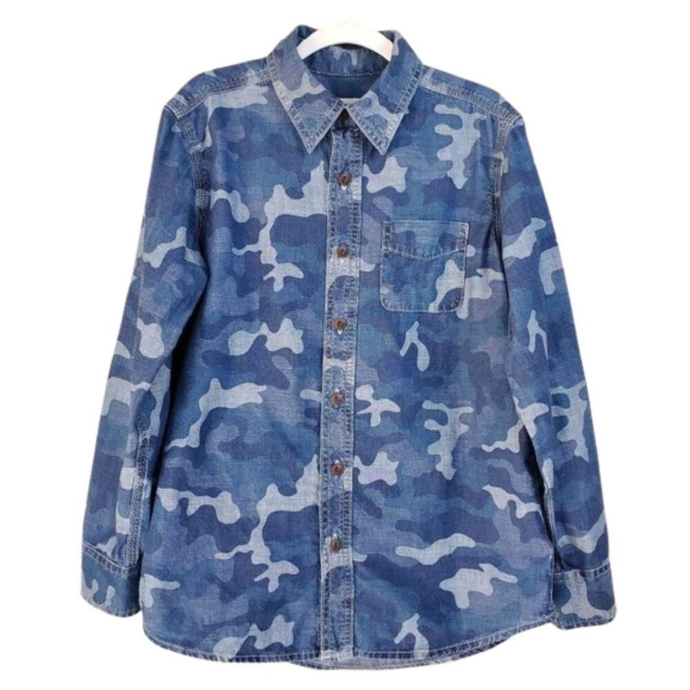 🌻Lands' End Blue Camo Print Button Up Denim Shirt